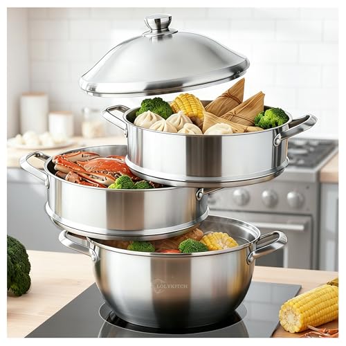 8 Quart Stainless Steel 3-Tier Steamer Pot with Lid - Silver, 30cm Capacity