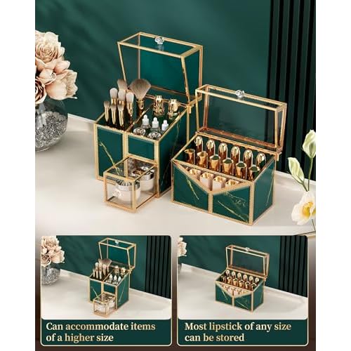 Makeup Organizer Countertop Set ? Vanity Holder with 18-Slot Lipstick Organizer & Covered Makeup Brush Holder ? Skincare, Perfume & Cosmetic Display for Bathroom or Dresser