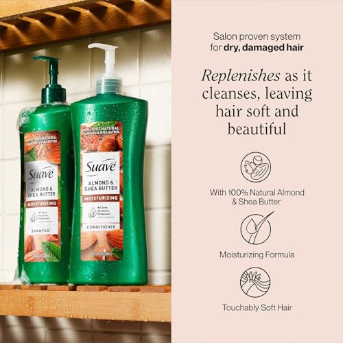 Suave Keratin & Almond Shea Butter Shampoo & Conditioner Set - Frizz Control, Moisturizing Hair Care Bundle, 28 Oz Each