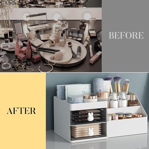 Makeup Organizer with Drawers for Vanity, Cosmetic Storage Box - White-Clear