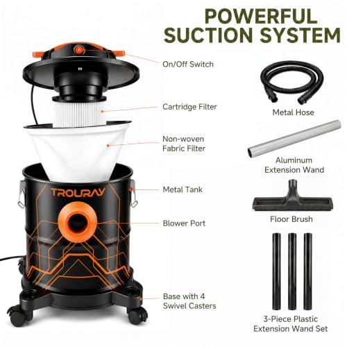 20L Ash Vacuum for Pellet Stoves 1200W Super-Powered Suction with Metal Canister