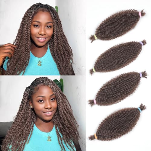 Spring Twist Hair Afro Kinkys Bulk Human Hair Bundles 16 Inch - Brown 4# - Natural Curl