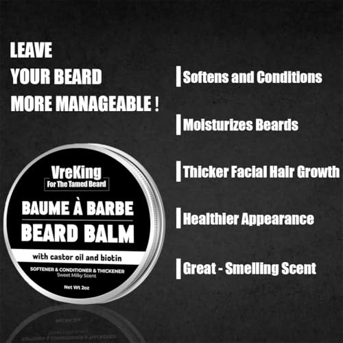 Biotin Beard Balm For Men With Castor Oil, Organic Mens Beard Balm, Beard Butter Leave In Conditioner, Beard Thickener Moisturizer Softener For Men Coarse Facial Hair, Milky, 60g