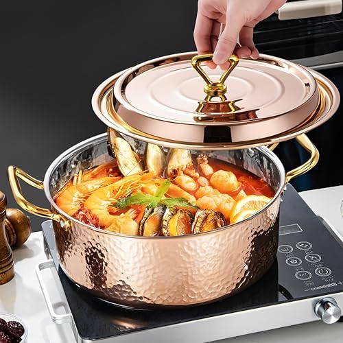 6.7QT Copper Rose Gold Hammered Stock Pot with Lid - Tri-Ply Stainless Steel, Dishwasher & Oven Safe
