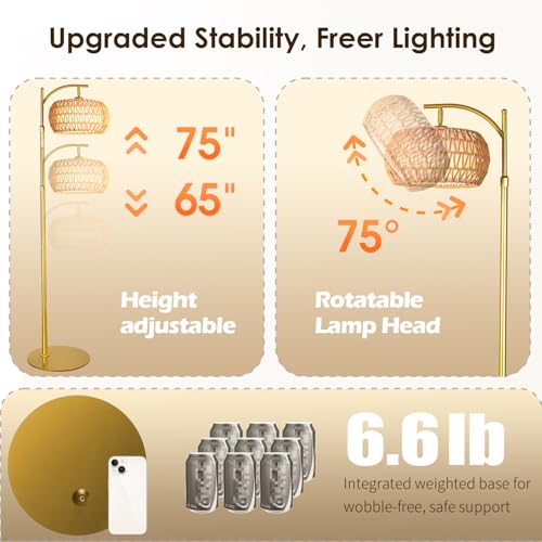 Boho Gold Rattan Floor Lamp with Remote Dimmable 2700K-6000K, Adjustable Height 165-172cm — Wicker & Fabric Shade, 2-in-1 Lighting for Living Room & Bedroom - Variation: Boho Gold