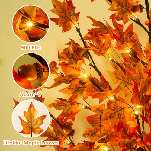 2 Pack 5Ft Fall Maple Tree Light with 90 LEDs and 8 Flash Modes - Indoor Outdoor Thanksgiving Decor