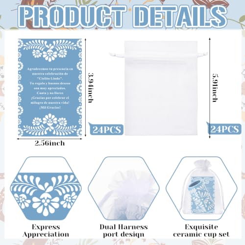 Cielito Lindo Party Favors Set - Blue Handleless Ceramic Shot Glasses, 24 Pieces, Baby Shower & Latin Culture Decor
