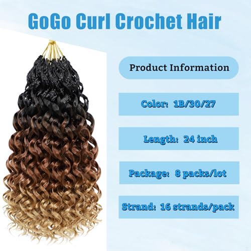 24 Inch Curly Crochet Hair Pack of 8 - GoGo Curl Synthetic Hair for Black Women, Pre-Looped & Easy Installation - Variation of 24 Inch (Pack of 8) / 1B/30/27