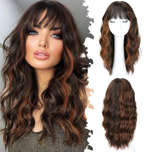 Brown Highlight Wavy Wig for Women 20 Inch Natural Curly Long Hair with Bangs - NOVFLKW