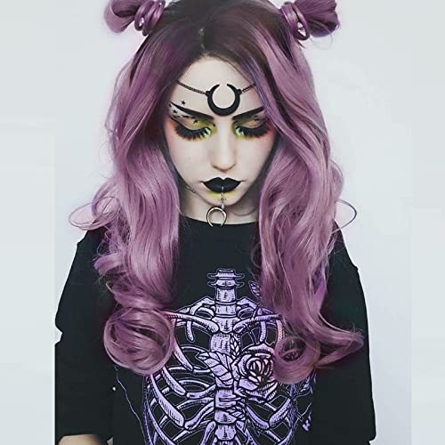 Ombre Purple Lace Front Wigs for Women 24 Inch Wavy Synthetic Hair with Brown Roots