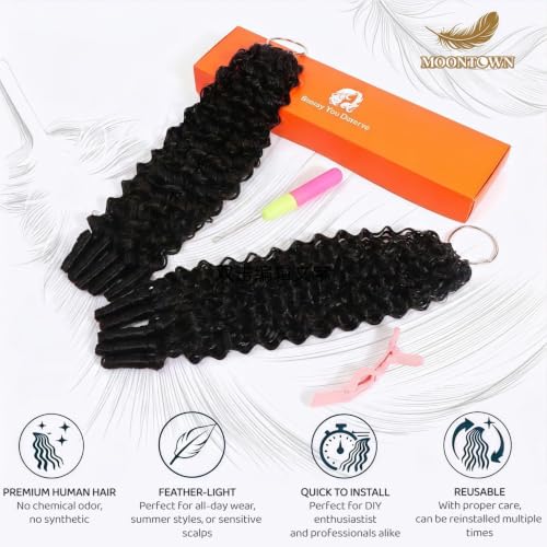 Natural Black 18 Inch Reusable Feather Crochet Human Hair Extensions - Burmese Curly, Invisible Knotless, 60g