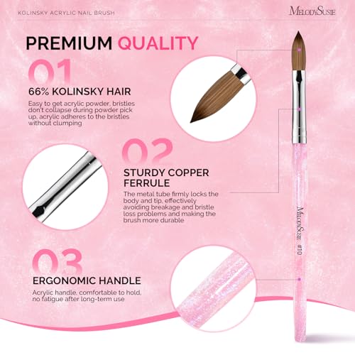 Kolinsky Acrylic Nail Brush - Pink Glitter Handle, Size 10 - Professional Manicure Tool