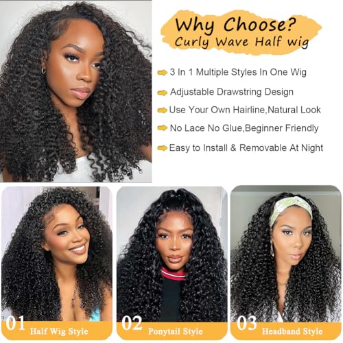 Natural Color 18 Inch Human Hair Kinky Curly Half Wig 3-in-1 Glueless Headband Style for Women