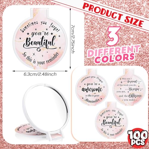 Wenqik 100 Pcs Light Pink Inspirational Mini Compact Mirrors for Purse Women Small Gifts Bulk, Round Makeup Folding Hand Mirrors, Client Guest Gifts Ideas, Women's Day Party Favors for Bridal Wedding