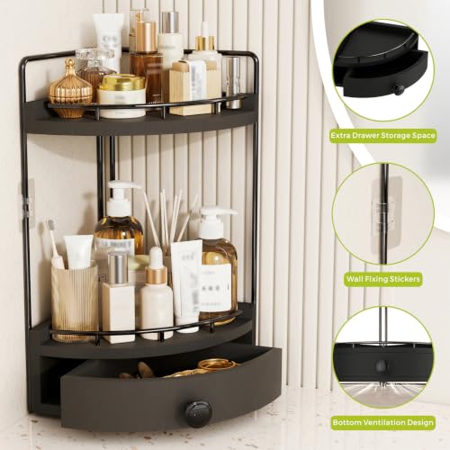 2-Tier Corner Bathroom Counter Organizer with Drawer - Black