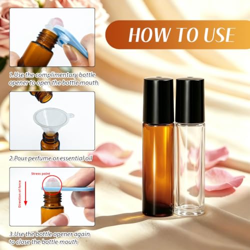 60 Pack Reusable Essential Oil Roller Bottles 10ml - Amber & Clear Variation