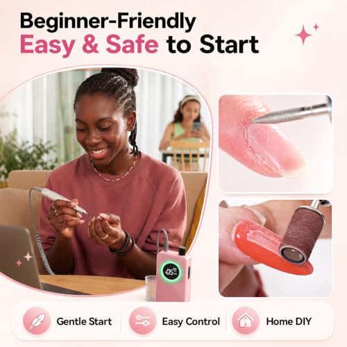 Makartt Pink Cordless Nail Drill for Beginners, Rechargeable E-File with 6 Bits