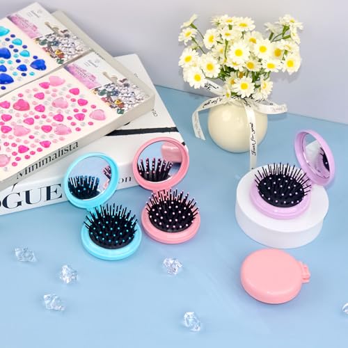 6.5cm/2.56 Inch 20 Pcs Folding Mirror Hairbrush Set with DIY Stickers - Portable 2-in-1 Travel Makeup & Hair Comb for Women & Girls