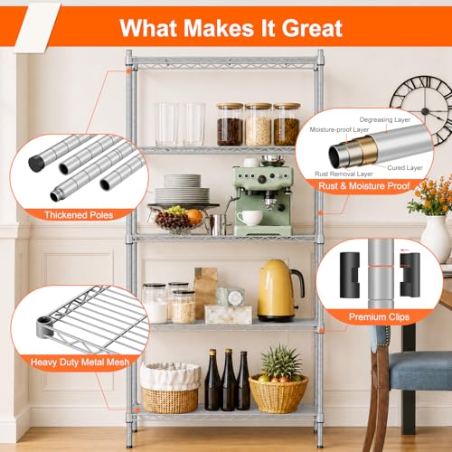 UEAKPIC 5-Tier Wire Shelving Unit Silver-Gray 29.5" W x 13.8" D x 61" H - Heavy Duty Metal Storage Rack with Wheels & Adjustable Shelves