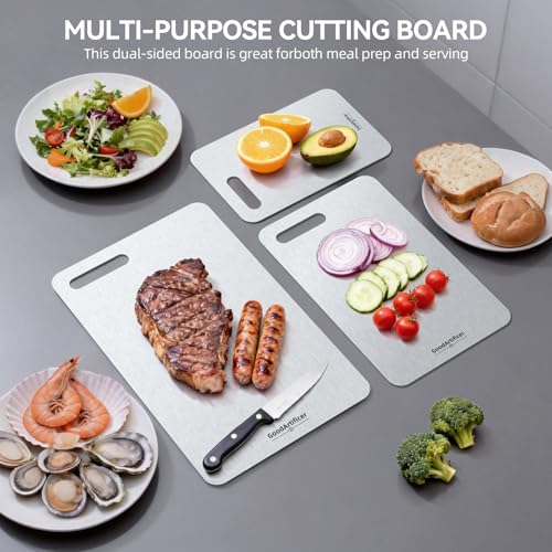 GoodArtificer Titanium Cutting Board Set of 3 - Double-Sided Non-Toxic Kitchen Boards, Silver, 16x10/13x8/10.5x6.5 inches