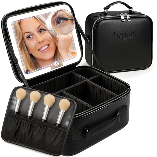 LED Mirror Makeup Bag with PU Leather Travel Organizer - Adjustable Brightness, Dividers & Handle