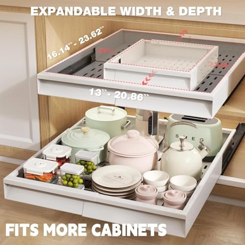 Pull Out Cabinet Organizer 2 Pack - Adjustable 13-21 W x 17-24 D, 3 Rail Slide Out Drawers, White