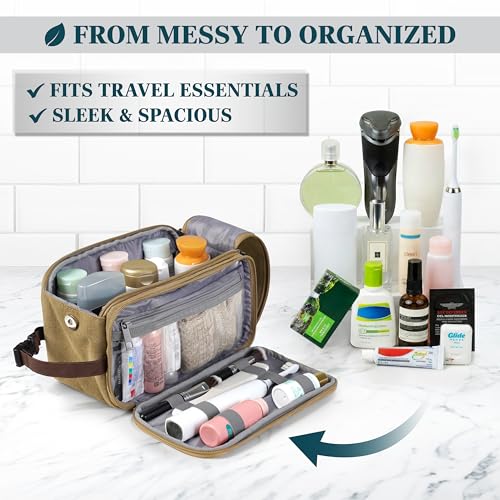 Khaki Large Travel Toiletry Bag for Men – Water-Resistant Shaving Organizer 12.5x6x7 Inches