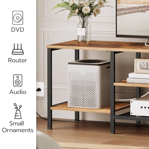 63 Inch Rustic Brown & Black TV Stand with Power Outlets - Open Storage Shelves