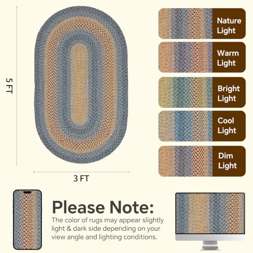 Oval Braided Area Rug 3x5 ft Farmhouse Kitchen Mat Natural Rust Blue