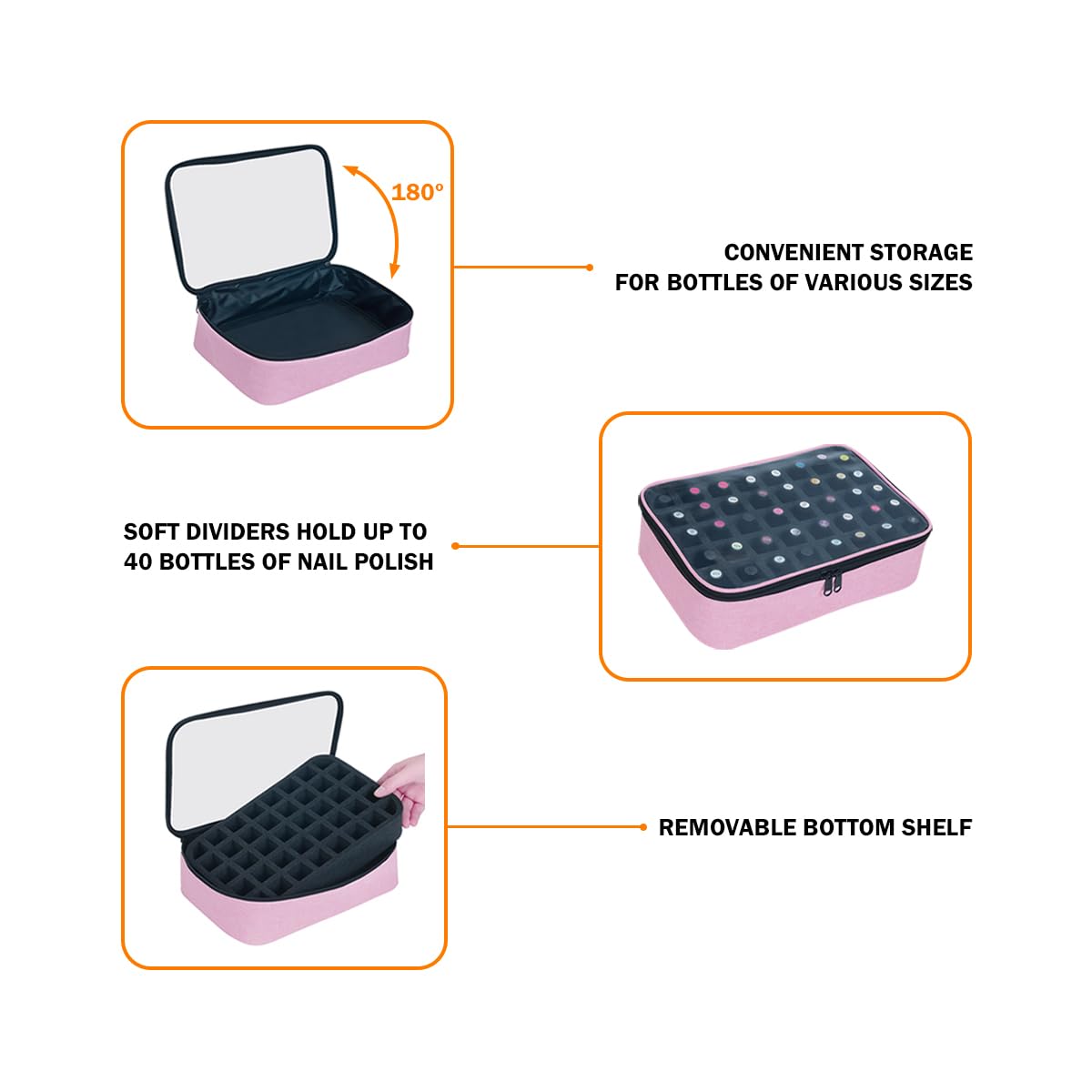 UOZL 2 Pcs Small Clear Nail Polish Organizer Holds 80 bottles(15ml-0.5fl.oz) Nail Polish Case Multifunctional Nail Polish Bag Organizer, Cosmetic Travel Makeup Bags for Women Pink