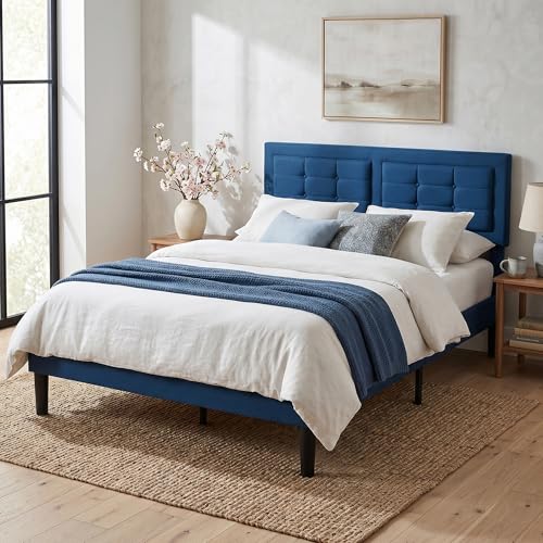 Full Size Bed Frame with Adjustable Headboard - Velvet Upholstered, Sturdy Metal Support