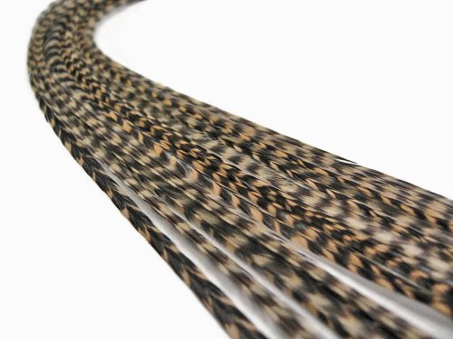 Hair Extension Feathers, Rooster Feathers - Tan Thin Long Grizzly Rooster Hair Extension Feather & Silicon Bead