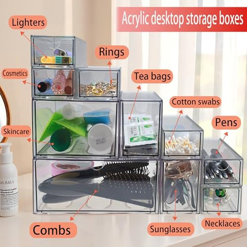 10 Pack Acrylic Storage Drawers Plastic Drawers Storage Clear Stackable Display Bins for Fridge Organizers Small Plastic Drawer for Makeup Organizers Cosmetic Display Case