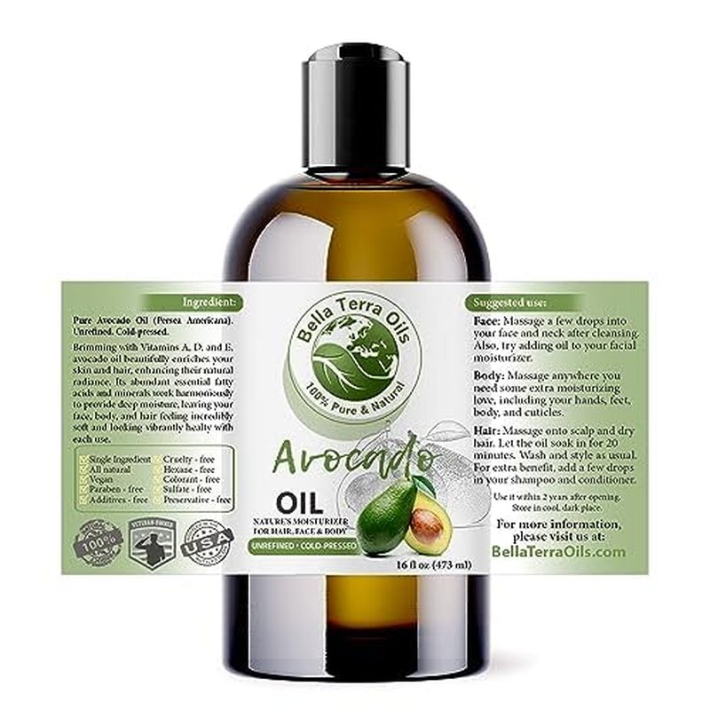 Bella Terra Oils - Avocado Oil 16oz - Cold-Pressed Purity, Unveiling Avocado's Nutritional Treasures, Perfect Carrier Oil for Blending Essentials