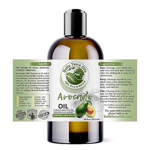 Bella Terra Oils - Avocado Oil 16oz - Cold-Pressed Purity, Unveiling Avocado's Nutritional Treasures, Perfect Carrier Oil for Blending Essentials