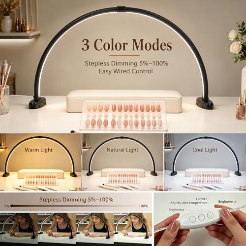 Black 23 Inch Detachable Foldable LED Nail Desk Lamp - 3 Modes, Stepless Dimming