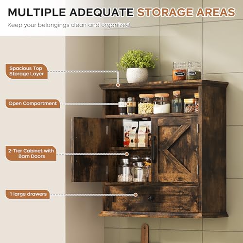 Viroformo Rustic Brown Wall Mounted Bathroom Cabinet with Open Shelf & Removable Drawer