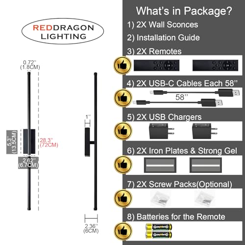 Black 28 Inch Set of 2 Battery-Operated Wall Sconces - Wireless, Dimmable, Magnetic Mount
