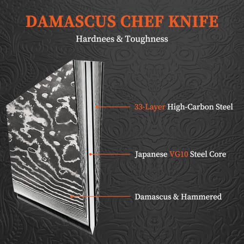 Sunnecko 8 Inch Japanese Damascus Chef Knife - VG10 Steel Razor Sharp Kitchen Knife