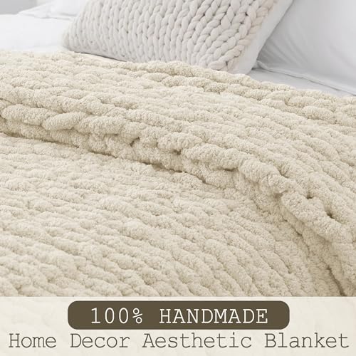 Beige Chunky Knit Throw Blanket 60x80 Inches - Handmade Chenille Bed & Couch Accessory