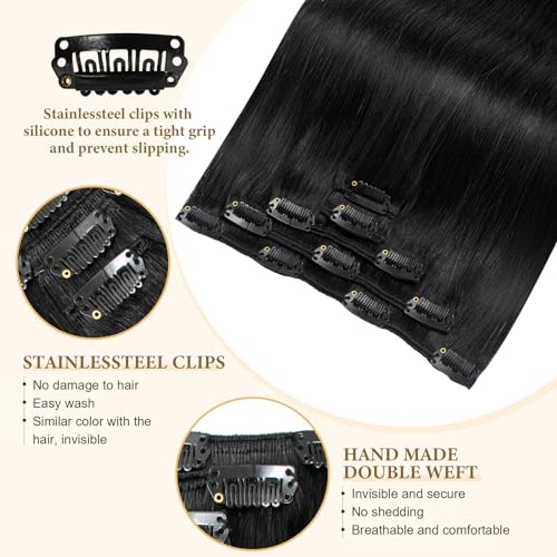 Clip in Remy Human Hair Extensions 20 Inch Straight Natural Black 1B - 5 Pack