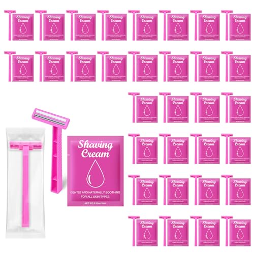 Women's Disposable Razors Individually Wrapped and Womens Shaving Cream Bulk Travel,Twin Blade,Disposable Razors Women Bulk with Clear Safety Cap Care Dry Skin 0.53oz Shave Gel for Travel Guests£¨60£©
