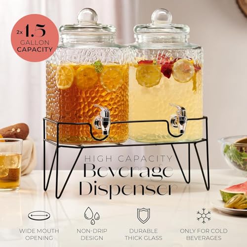 Glass Beverage Dispenser Set with Metal Stand - 1.5 Gal, Double, Accessories - Style Setter
