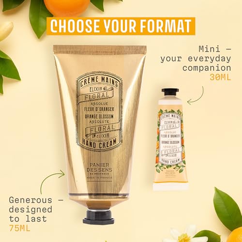 Panier des Sens Orange Blossom Hand Cream with Olive Oil - Nourishing Hand Cream for Dry Cracked Hands 97% Natural Ingredients - Dermatologically Tested Hand Lotion for Woman Made in France, 2.5 fl oz