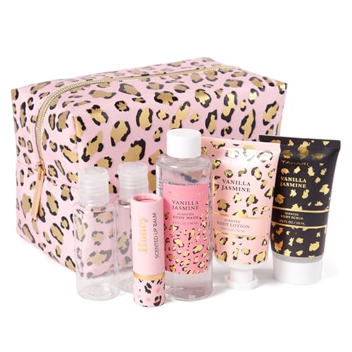 Tahari Vanilla Jasmine Spa Gift Set for Women ? Luxurious Bath Kit with Body Lotion, Body Scrub, Body Wash & Lip Balm with Bag ? Perfect Selfcare Gifts for Women (Leopard)