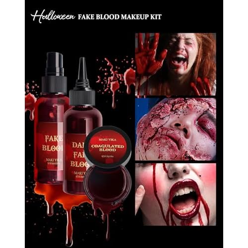 Halloween Fake Blood Spray 2.03oz + Dripping Blood 2.03oz+Coagulated Blood 1.06oz Washable Realistic Fake Blood for Clothes Sfx Special Effects Makeup Kit for Vampire Zombie (3Red)
