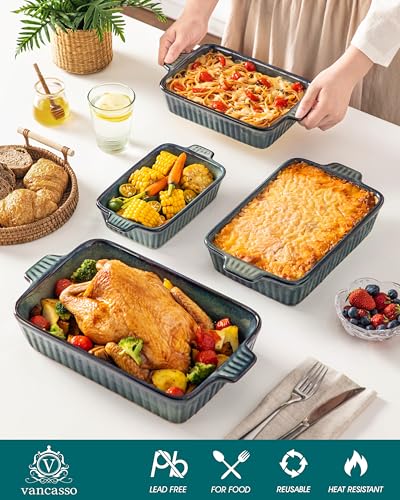 Deep Green Ceramic Casserole Set of 4 - Oven Safe Baking Dishes with Handles