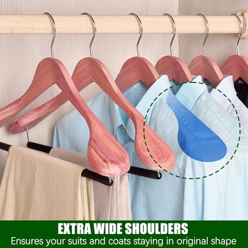 10 Pack Cedar Wood Suit Coat Hangers with Wide Shoulders & Non-Slip Bar