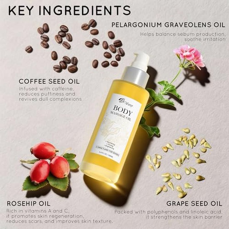 Body Firming Massage Oil ? After Shower Oil Tightening & Brightening Skin Care with Organic Grape Seed and Rosehip Oil, Natural Plant-Based Blend with Aromatherapy Hydration, Vegan & Cruelty-Free