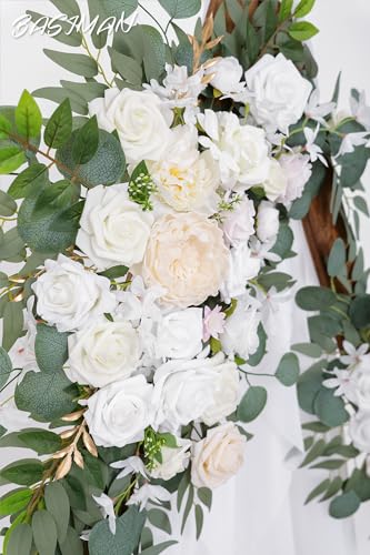 Wedding Arch Flowers Pack of 2 with Gauze Curtain for Ceremony & Reception - White Variation